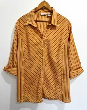 Rene Margo Women’s 1X Tan Striped Button-Front Collared 3/4 Blouse #1078